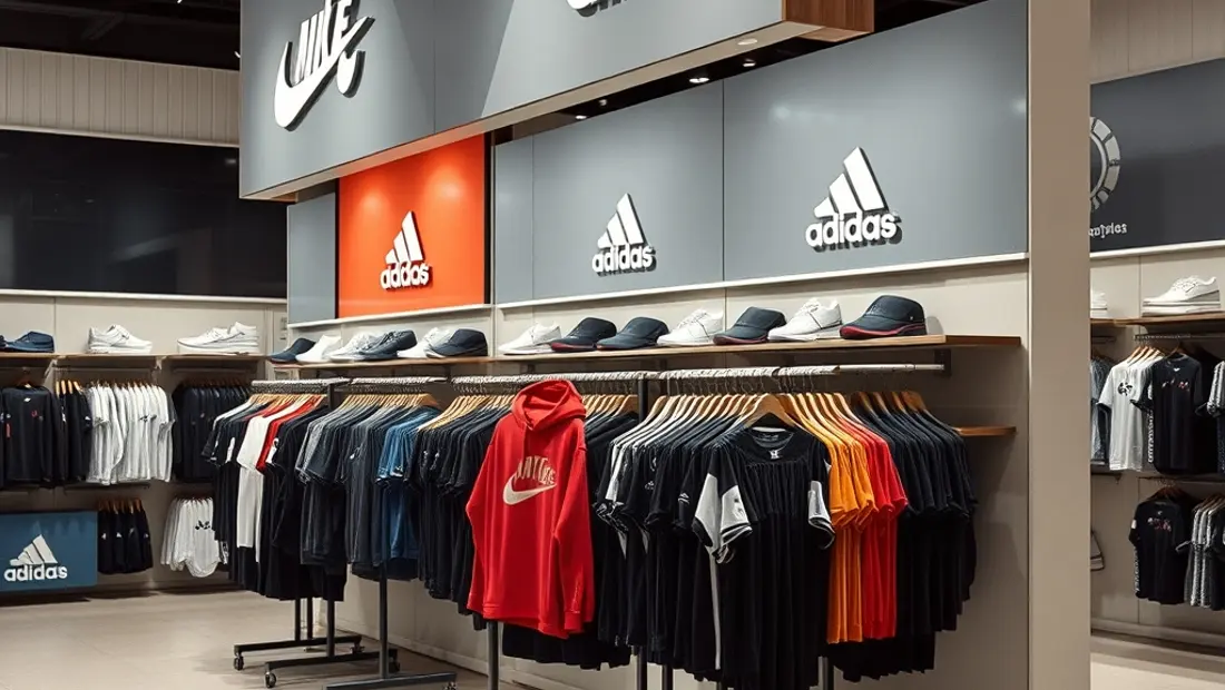 Tienda de deportes con ropa deportiva en estanterías.