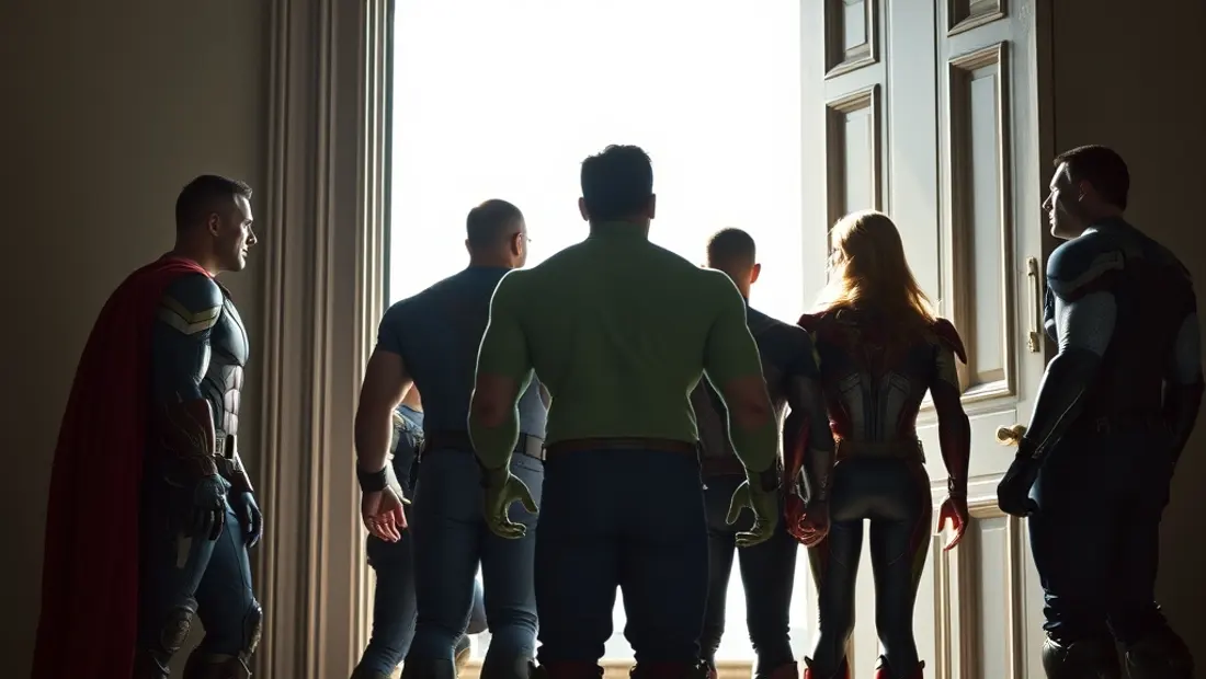 Avengers sin Hulk, otros héroes miran hacia una puerta