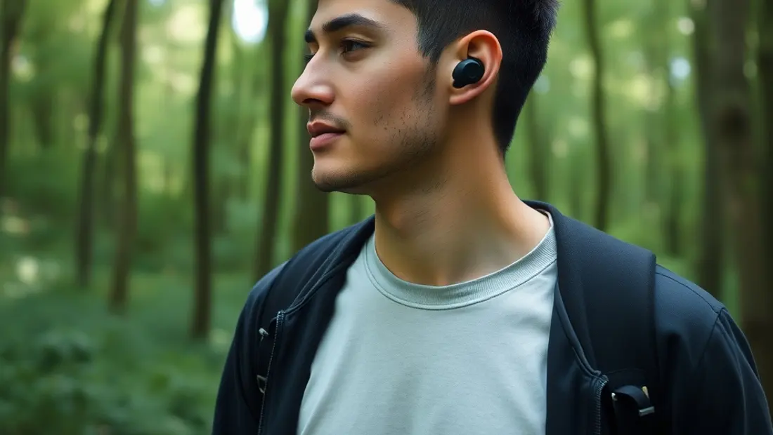Utilisateur avec les écouteurs Nothing Ear Stick en forêt