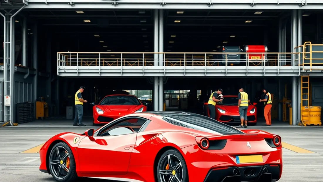 Una Ferrari roja frente a una fábrica de Lamborghini en construcción.
