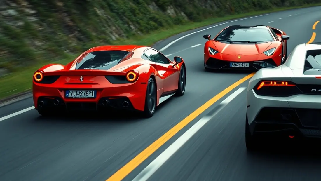 Una Ferrari en movimiento sobre una carretera sinuosa, con una Lamborghini en el fondo.