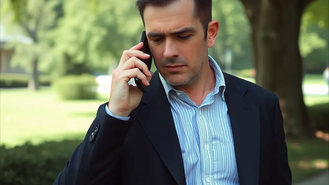 Persona mirando teléfono con expresión de decepción en parque