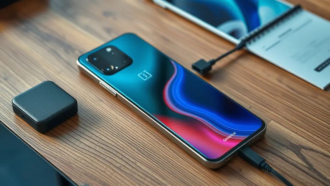 Un teléfono móvil sobre una mesa de trabajo de madera con accesorios de carga.