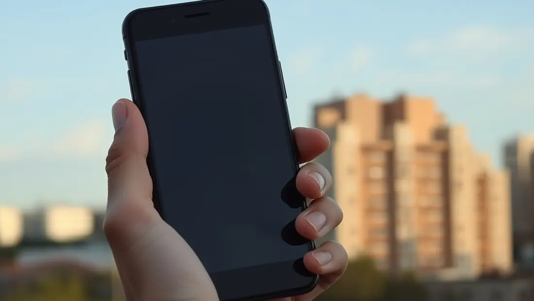 Un teléfono móvil en la mano de una persona en un paisaje urbano