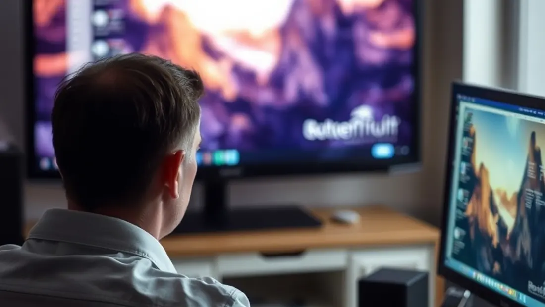 Persona mirando un ordenador con una pantalla de TV detrás