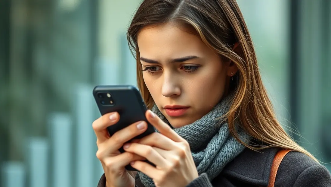 Persona examinando su teléfono móvil con expresión preocupada.