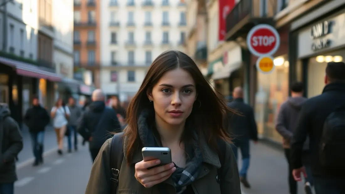 Persona sosteniendo un teléfono móvil y caminando por una calle concurrida de la ciudad.
