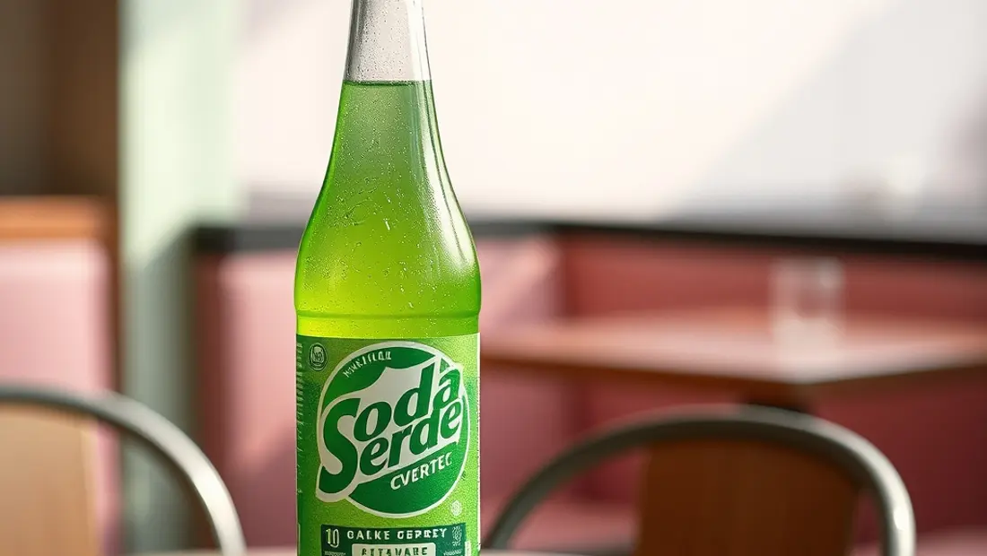 Una bouteille de soda en un café con un fondo de color pastel.