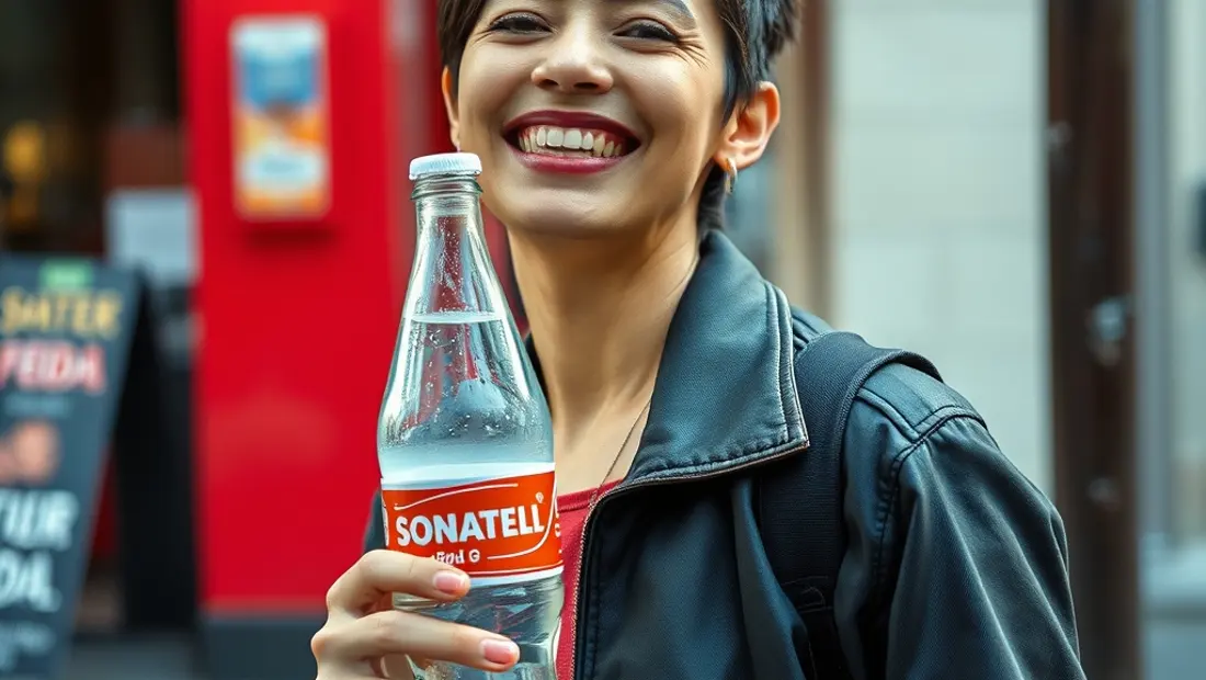 Una persona sosteniendo una bouteille de soda y sonriendo en un entorno urbano.