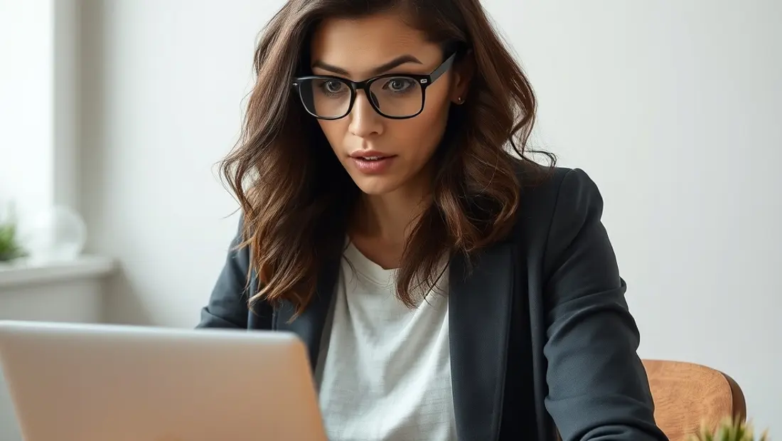 Femme travaillant sur un ordinateur avec surprise.