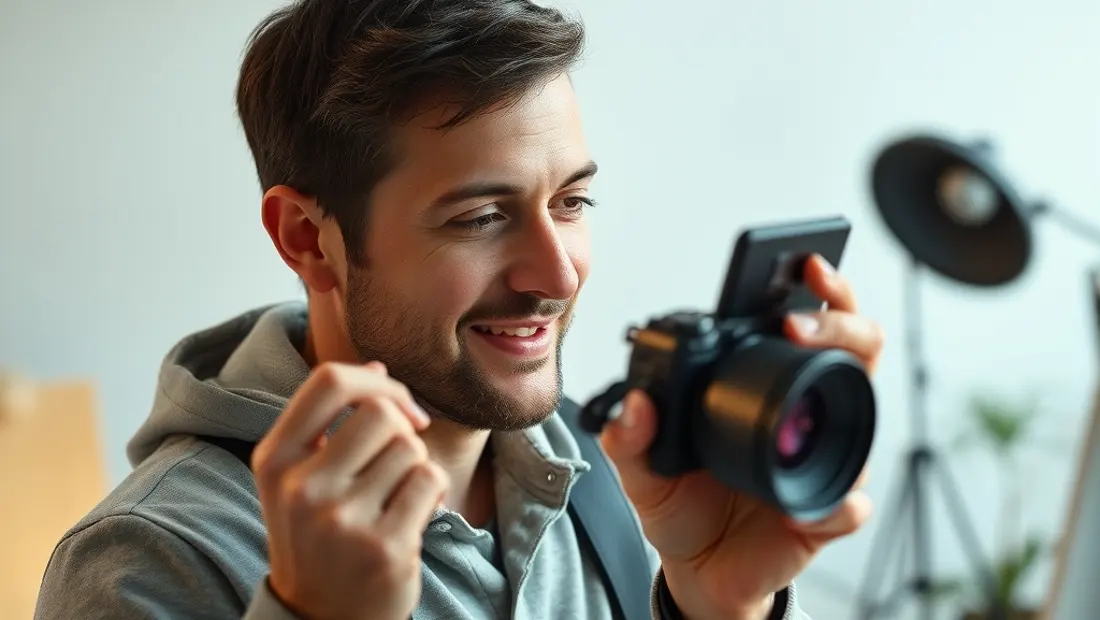 Photographe regardant une image avec satisfaction.