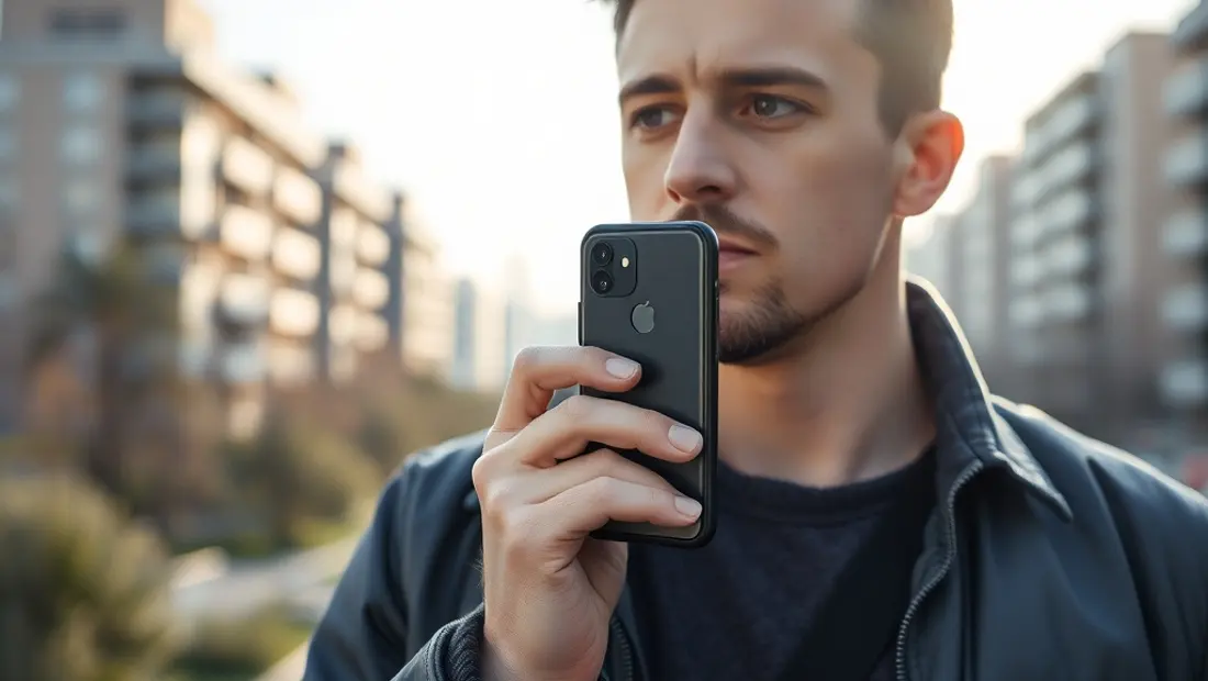 Homme tenant un téléphone en extérieur