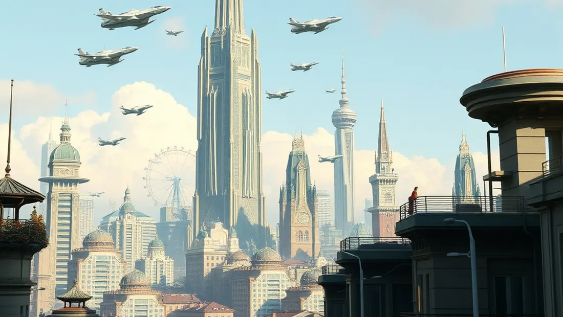 Ciudad futurista con vehículos aéreos