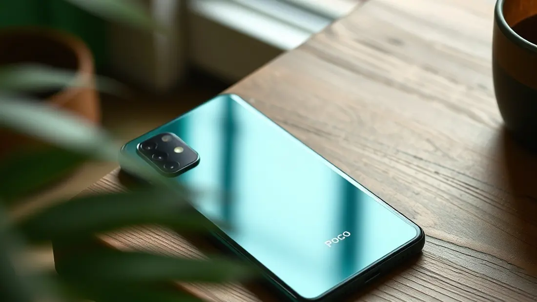 Un teléfono móvil Poco F5 5G sobre una mesa de madera