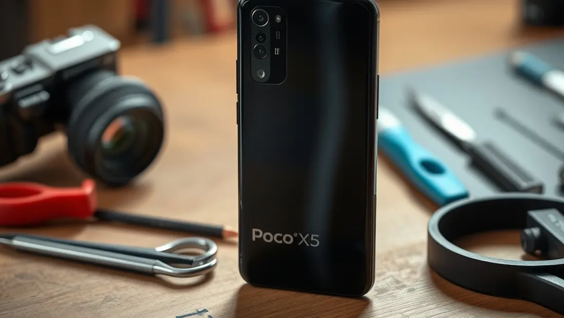 Un teléfono móvil Poco X5 5G sobre una superficie de trabajo de madera, con herramientas de fotografía en segundo plano.