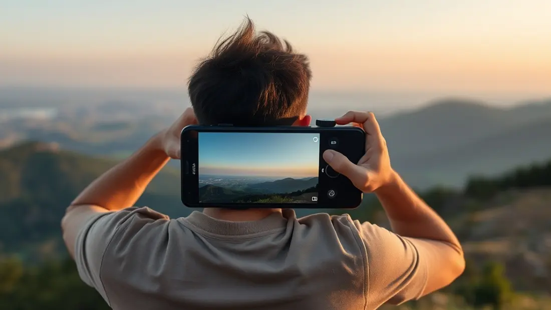 Un usuario utilizando el Poco X5 5G para tomar una fotografía de paisaje, con la vista panorámica en segundo plano.