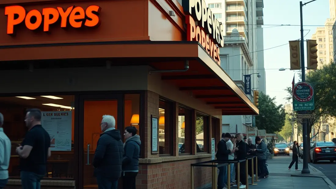 Un restaurante Popeyes en una ciudad animada