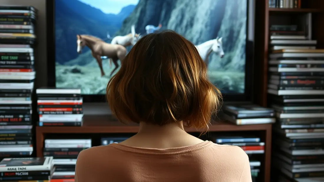 Persona mirando televisión con muchos DVDs y libros