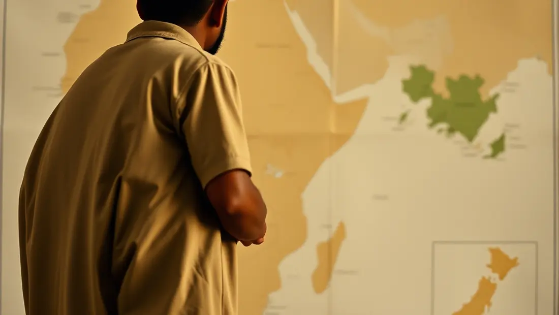 Un hombre observa un mapa de un país en desarrollo.