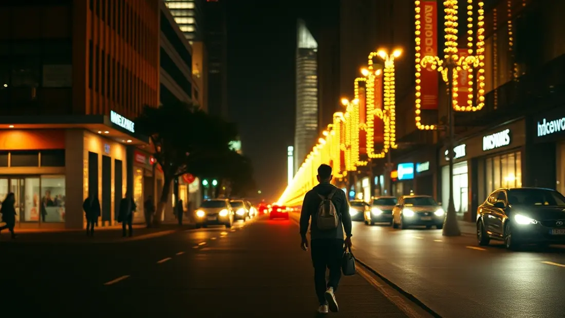 Una persona caminando en un paisaje urbano con luces