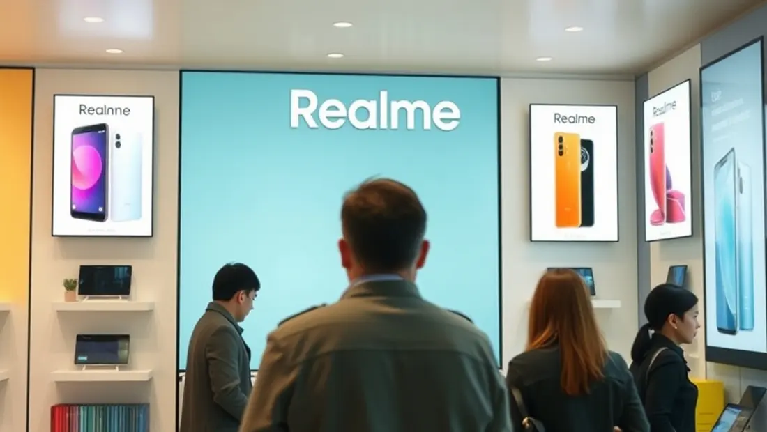 Tienda de móviles con pantallas de teléfonos Realme