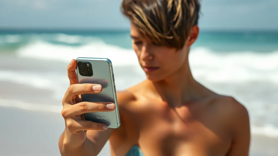Persona con teléfono en playa canaria