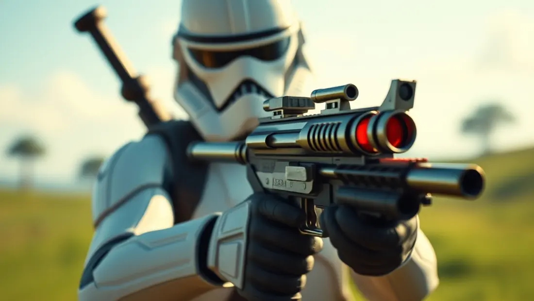 Un arma espacial en la mano de un jugador.