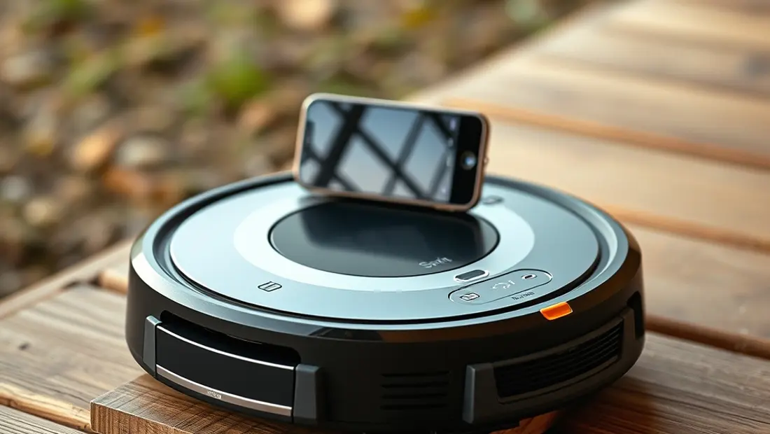 Roborock S7 2 sobre una superficie de madera, con un smartphone conectado en el fondo