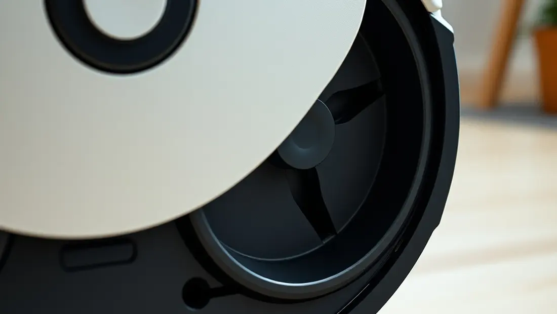Detalle del robot aspirador Roborock S7 2, mostrando sus ruedas y su sistema de limpieza