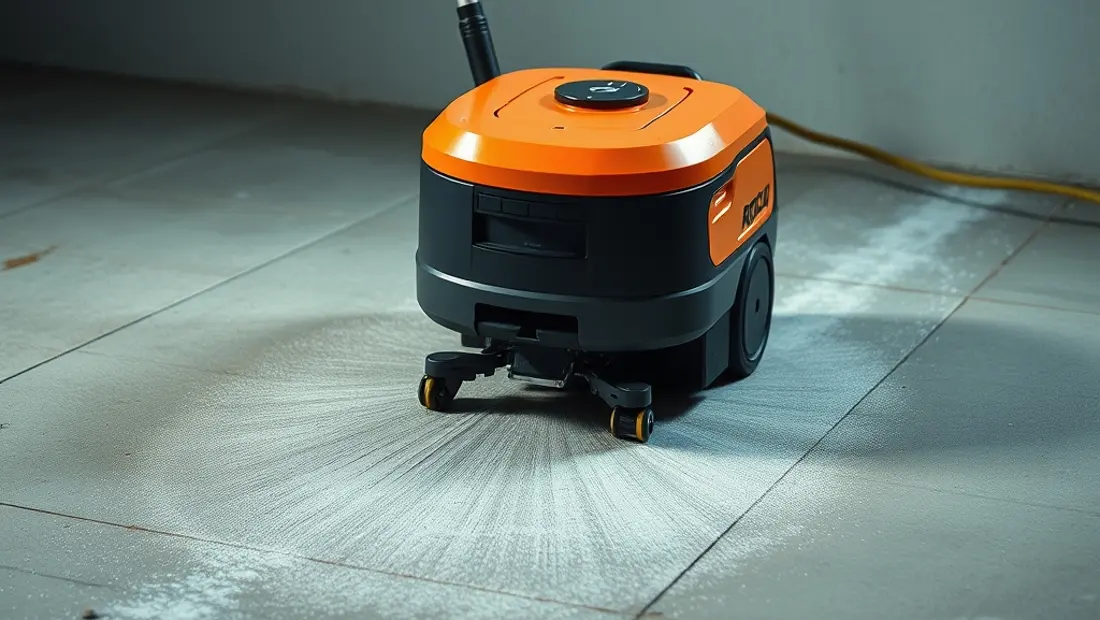 Roborock S7 2 en proceso de limpieza de un suelo de hormigón, con un poco de polvo y residuos