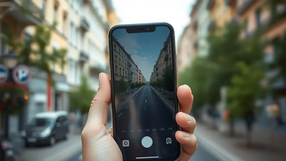 Una mano sosteniendo un teléfono con una cámara de alta calidad en un paisaje urbano