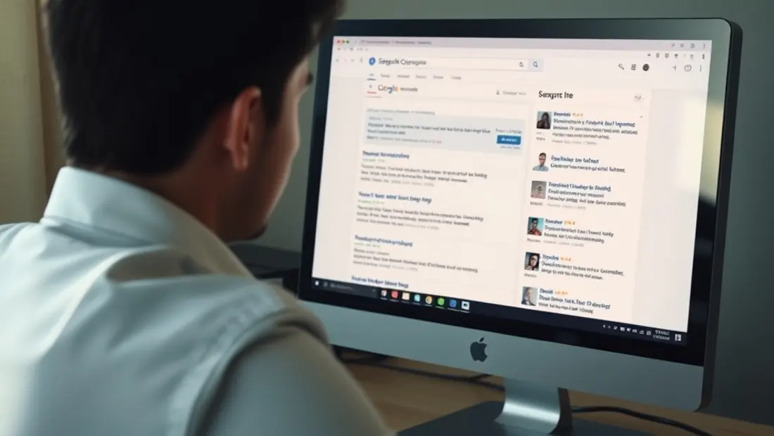 Persona en frente de un computador con resultados de búsqueda