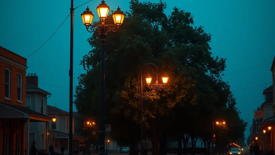 Rúa de Hawkins vacía con farolas y árboles