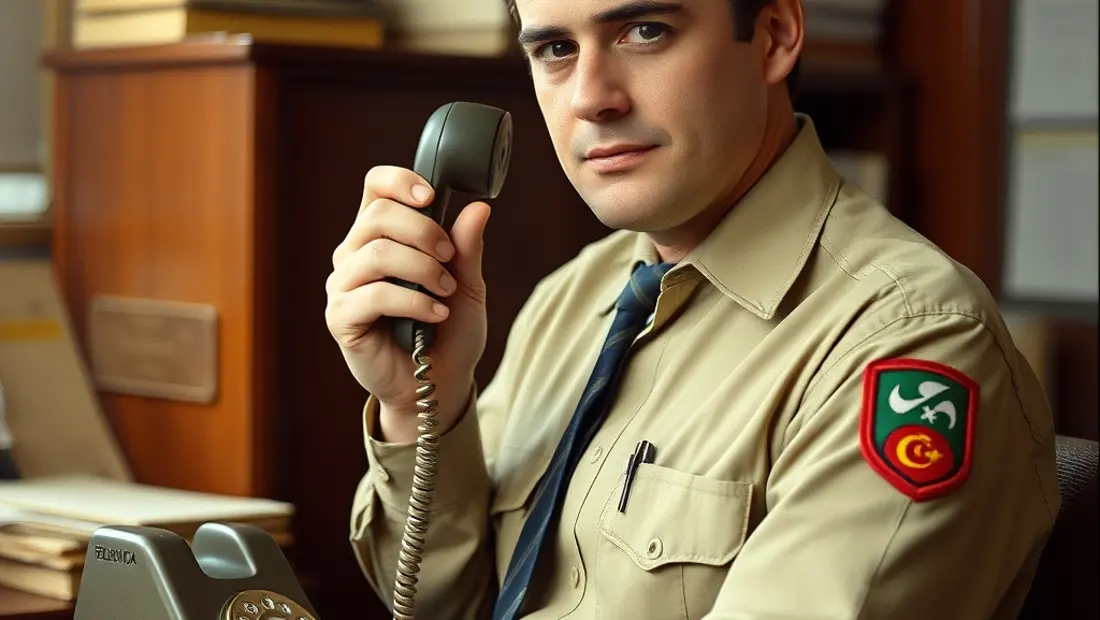 Trabajador en uniforme con un teléfono antiguo