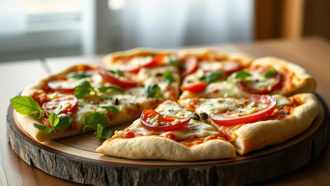 Pizza con varios bocadillos sobre una tabla de madera