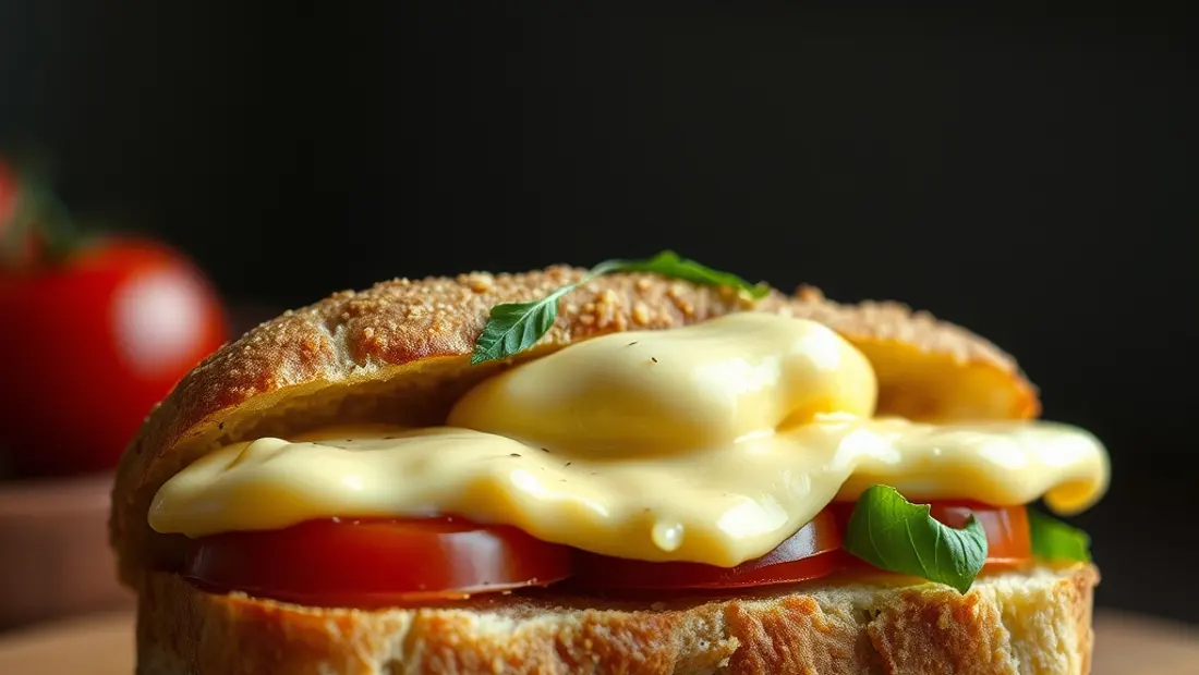 Un bocadillo con queso derretido y tomate
