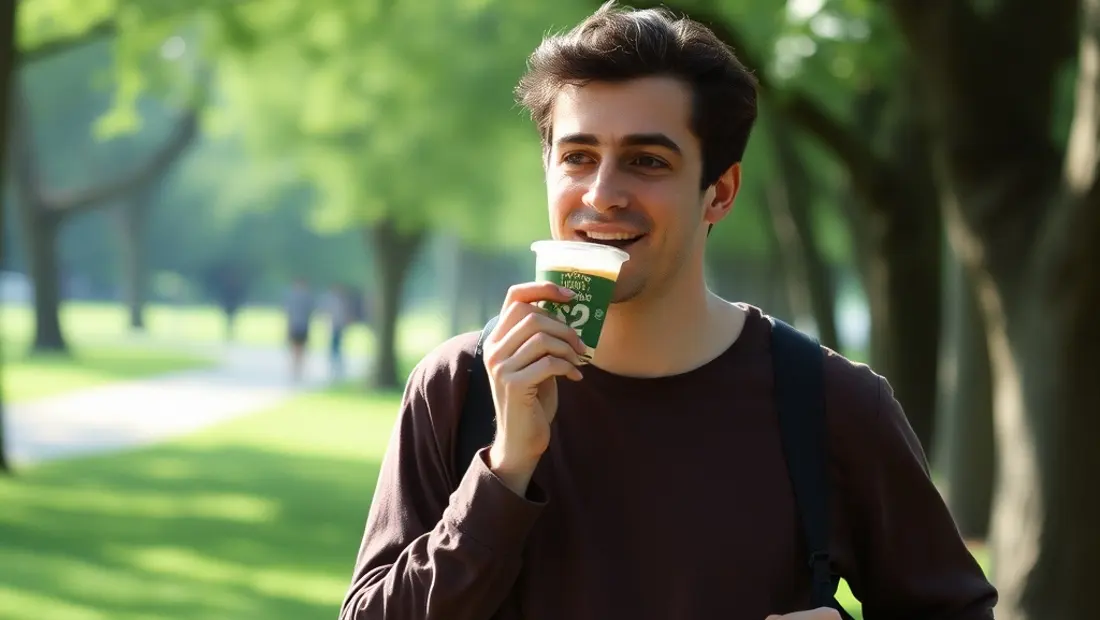 Persona sosteniendo un bocadillo mientras camina en un parque