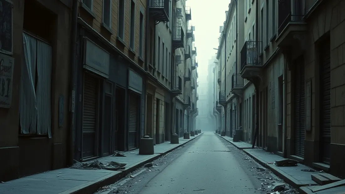 Rue sanglante después de una batalla brutal