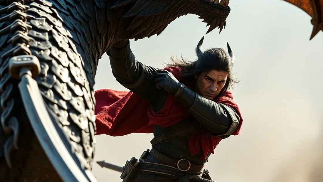 Personaje principal combatiendo un dragón