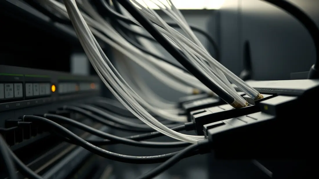 Concentrador FTTH con cables de fibra óptica conectados