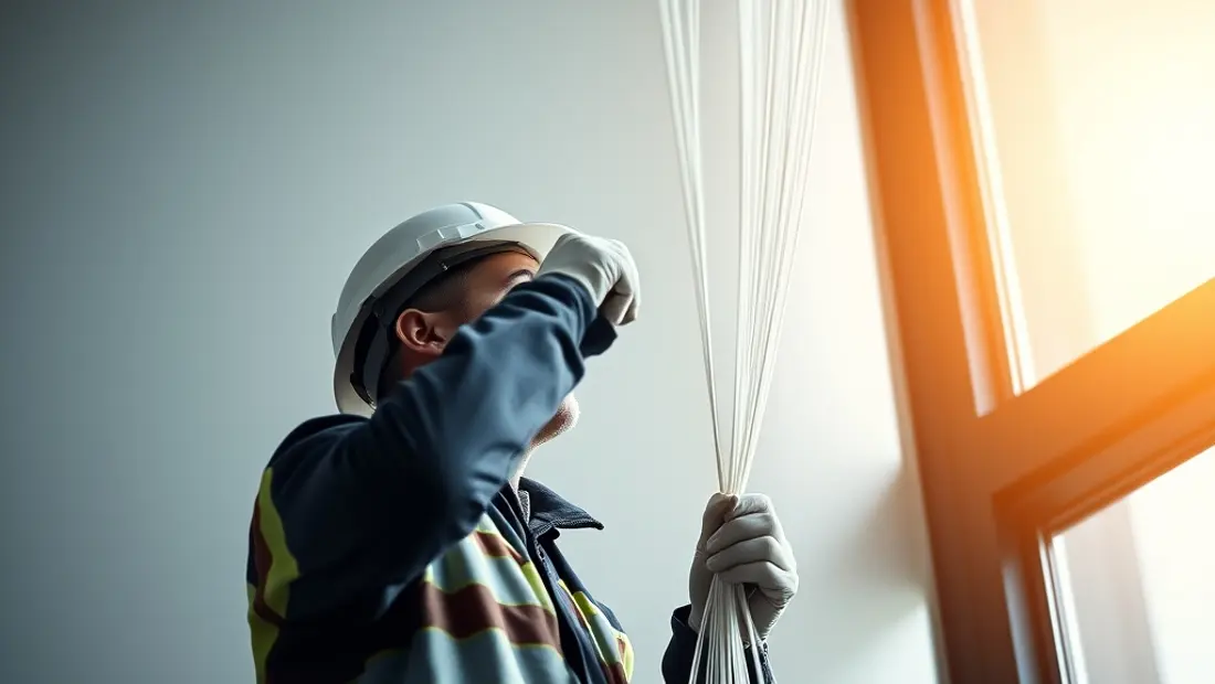 Técnico instalando una fibra óptica en un edificio