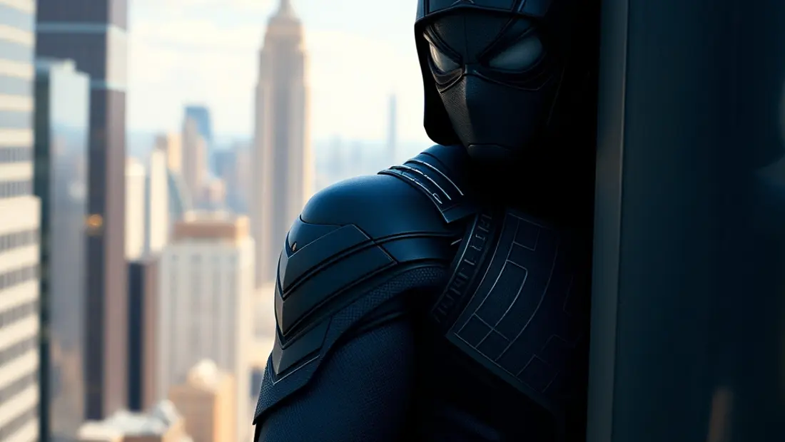 Un personaje de Marvel se esconde detrás de un telón de fondo de ciudad.