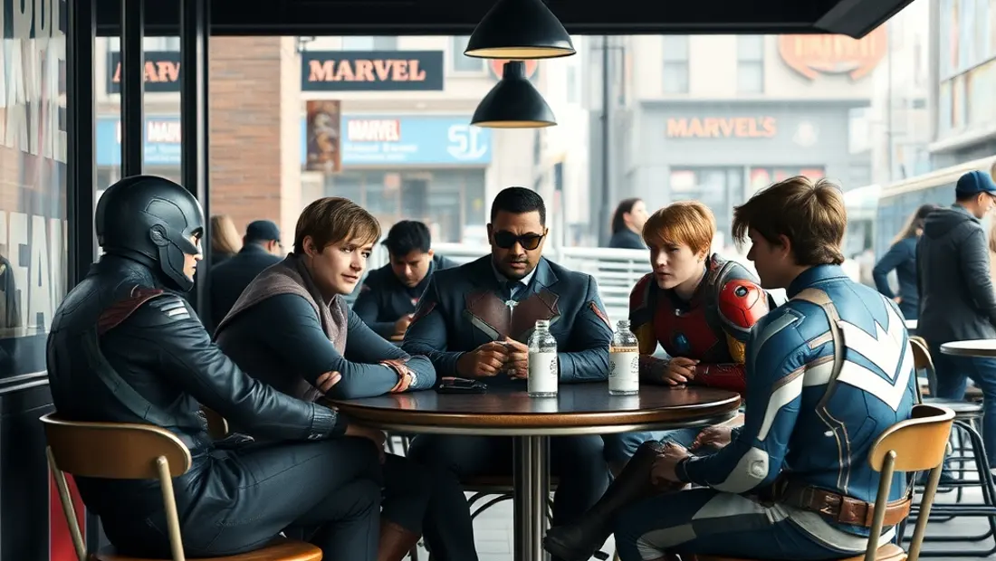 Un grupo de personajes de Marvel en un café.