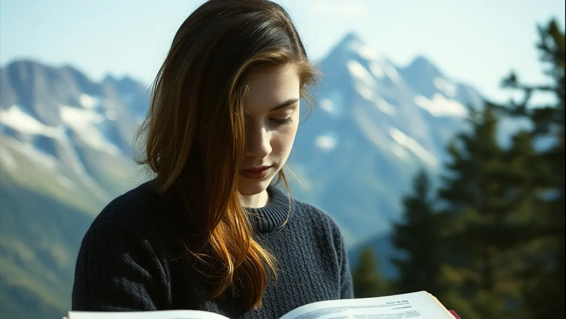 Persona leyendo código en libro con paisaje montañoso
