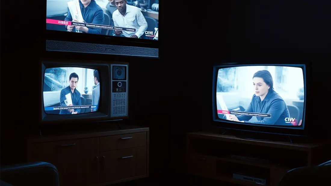 Une télévision avec plusieurs écrans allumés