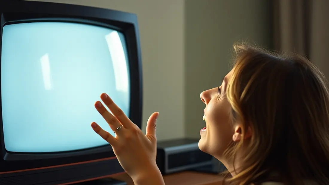 Persona mirando la televisión con expresión de sorpresa y alegría