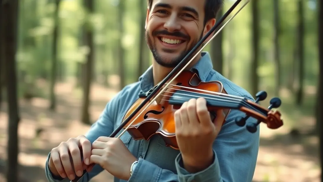 Un hombre con un violon en un bosque brillante