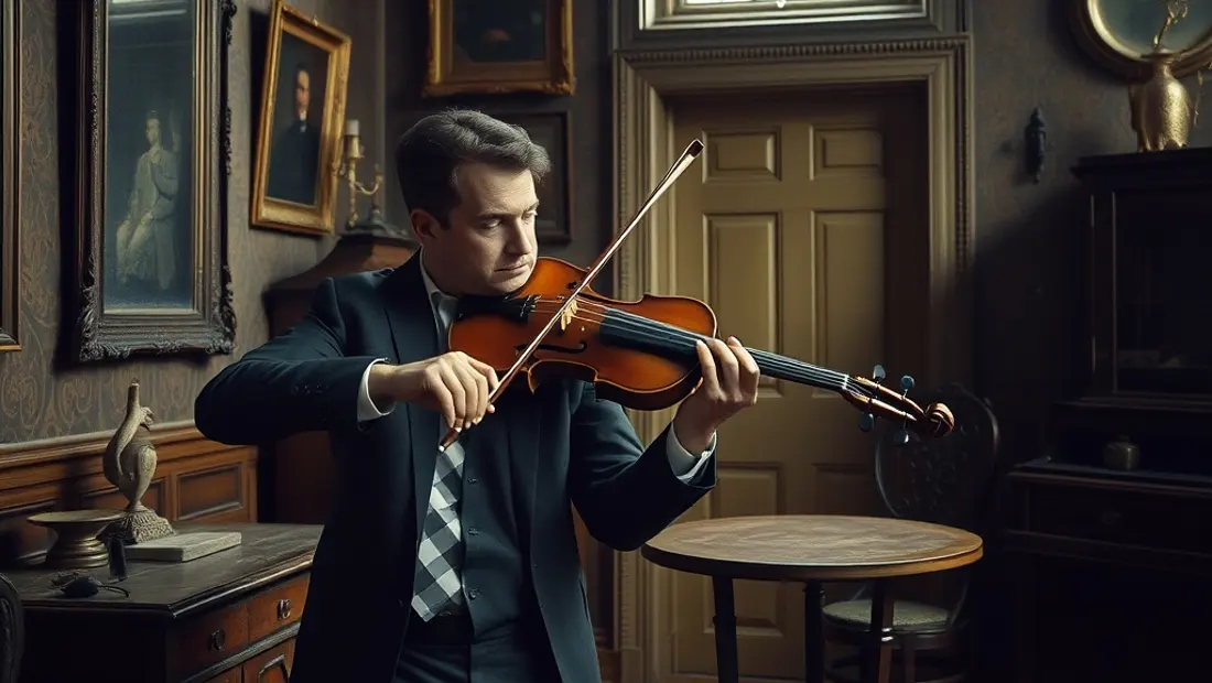 Un hombre tocando el violon en un salon acogedor