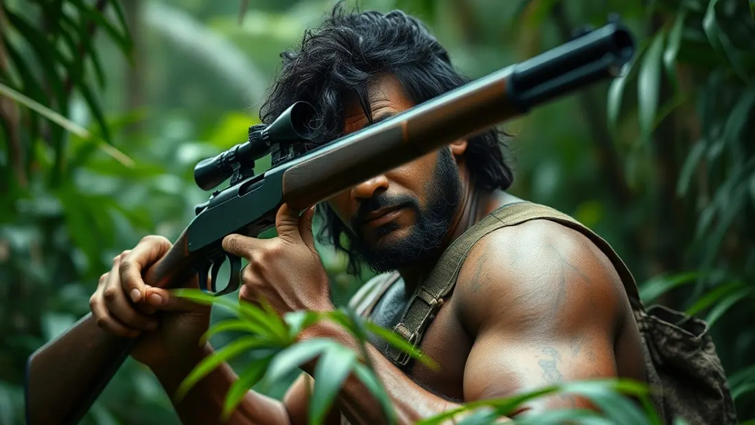 Hombre con fusil en la selva