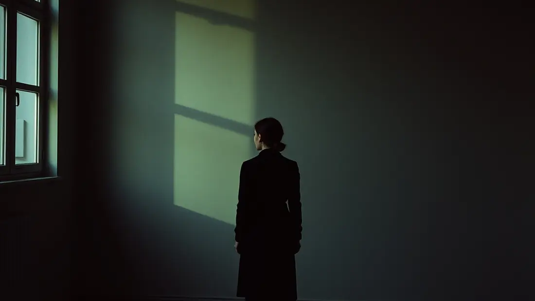Persona sola en una habitación oscura con sombras.